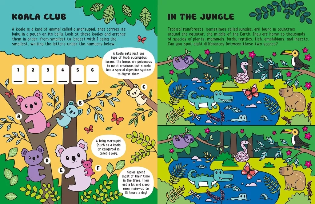Find the biggest koala and spot the differences in the jungle in Glow-in-the-dark Animals Sticker Activity